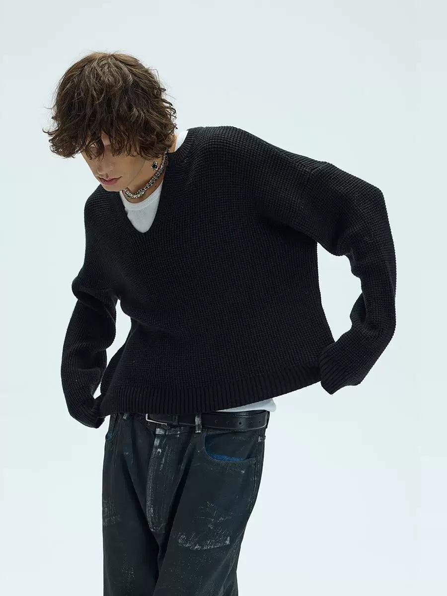 V-Neck Three-Color Waffle Lace Knit Sweater