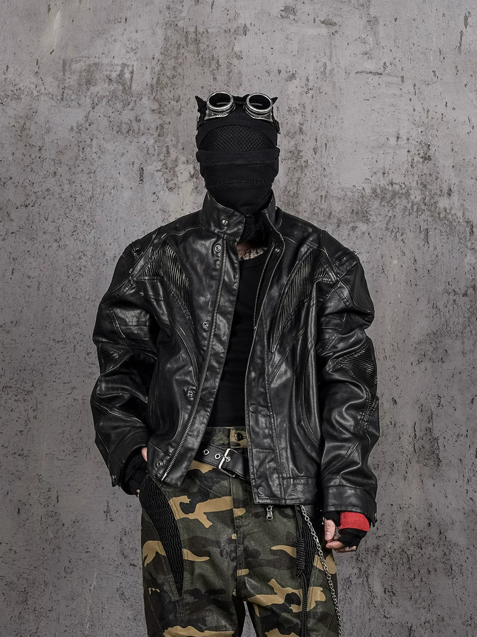 Oversized Distressed Nightfang Leather Biker Jacket