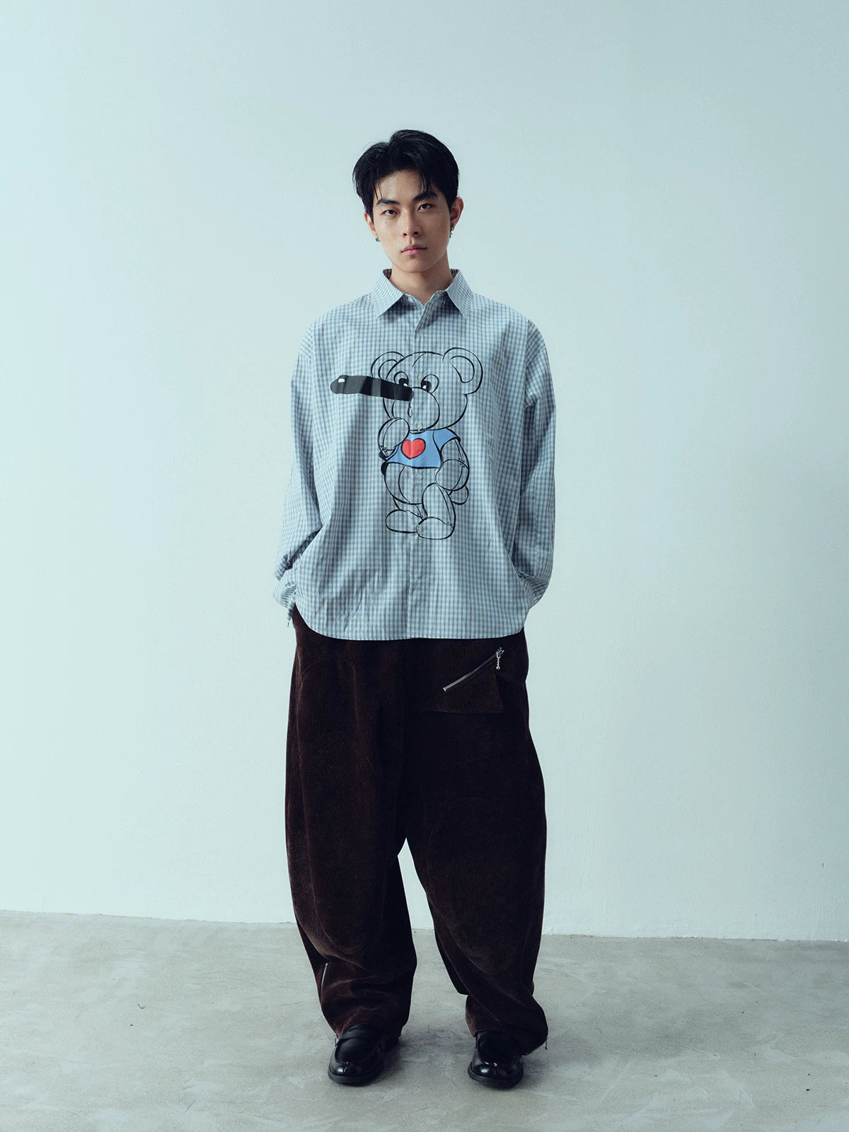 Retro Plaid Pinocchio Bear Print Shirt
