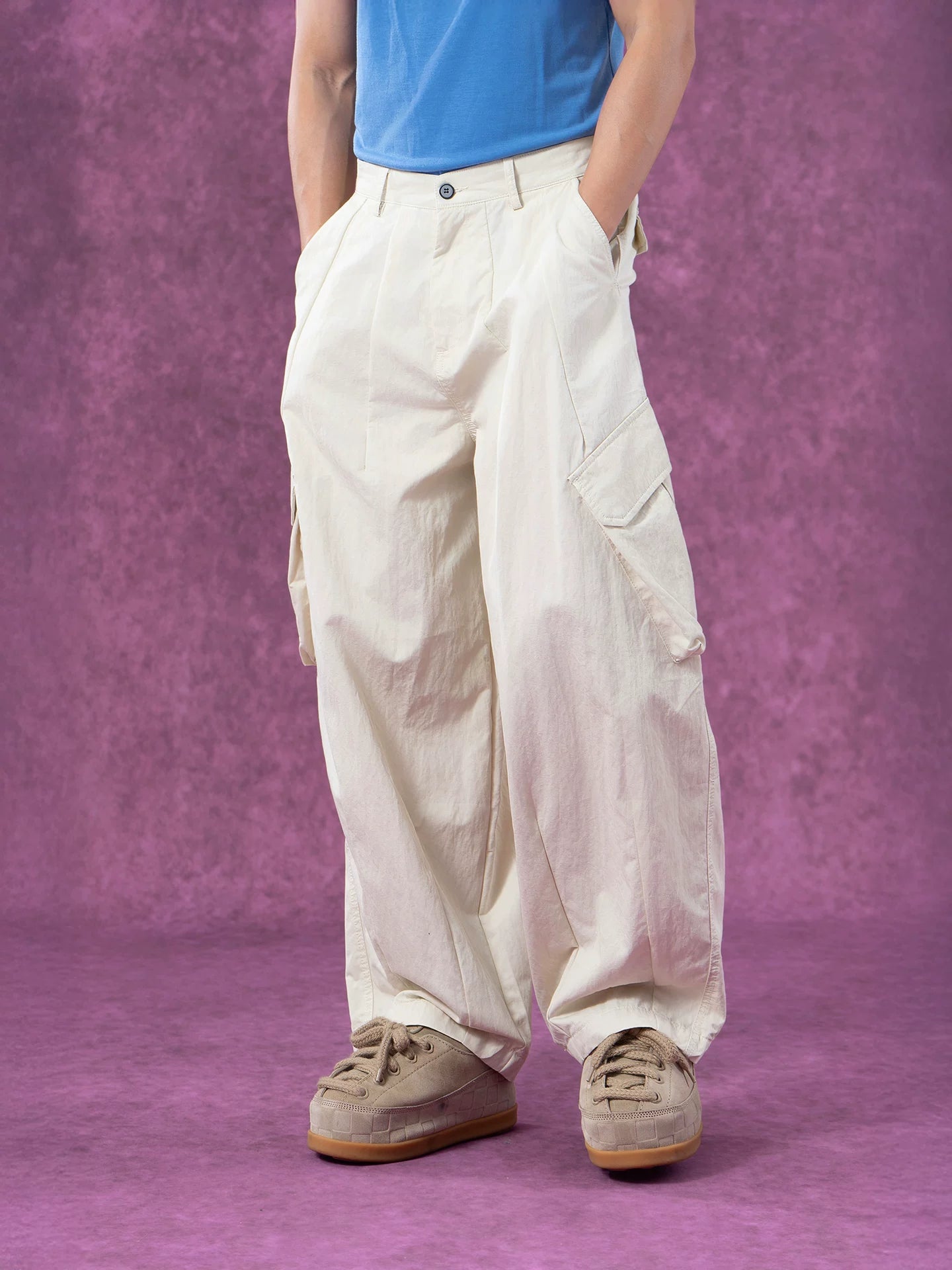 Men's Beige Loose Curved Cargo Pants