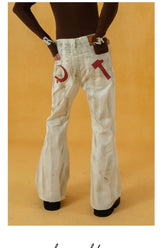 Men's Vintage White Sickle-Print Flare Jeans