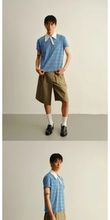 Asymmetric Collar Cropped Slit Polo Shirt