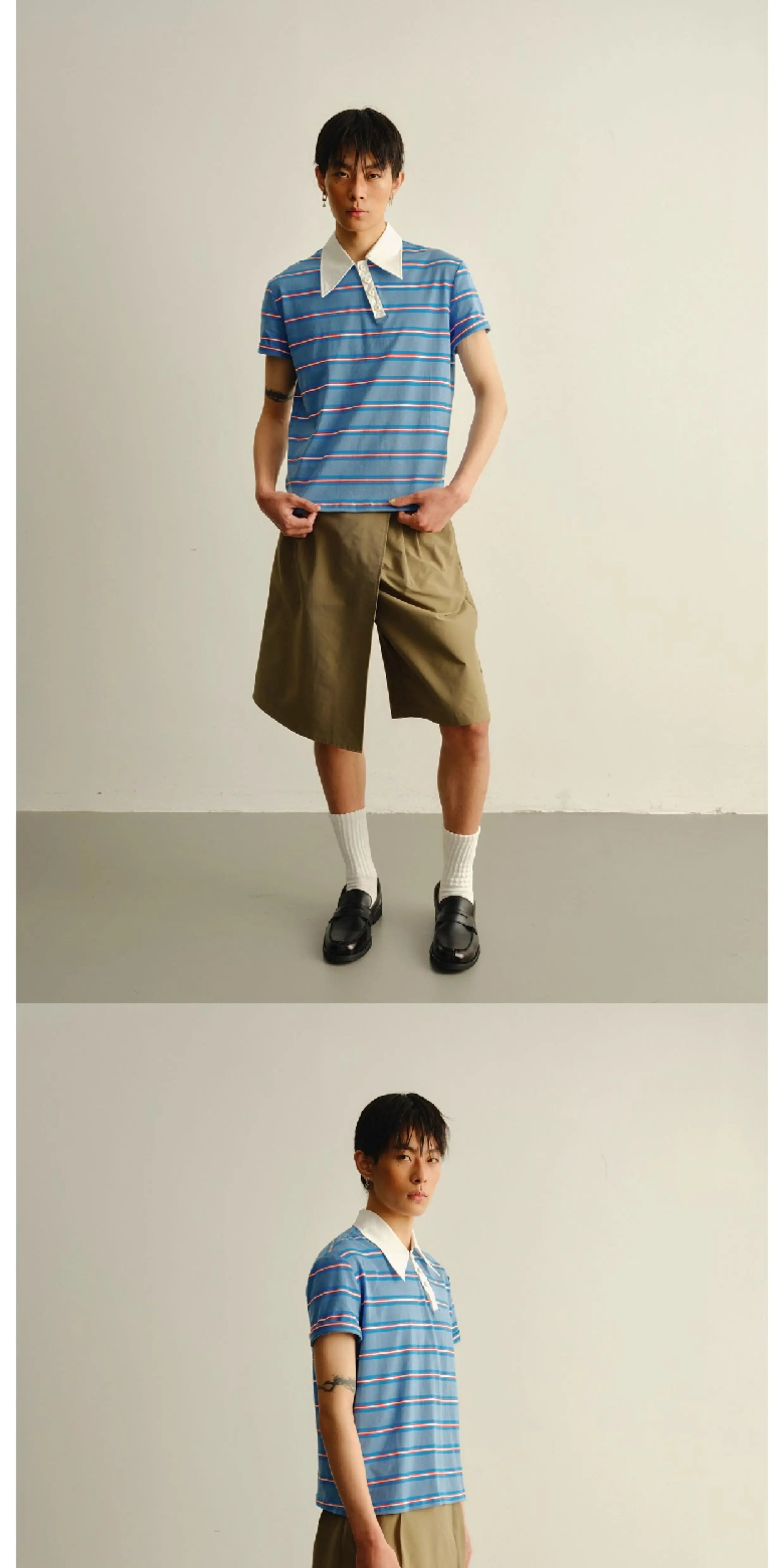 Asymmetric Collar Cropped Slit Polo Shirt