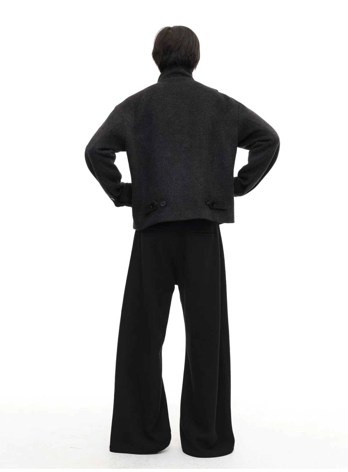 Collared Buttoned Adjustable Waist Wool Jacket