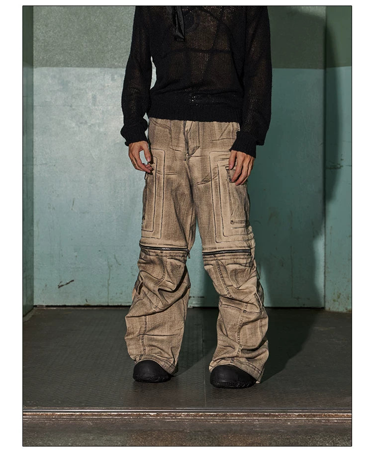Distressed Drawstring Flare Cargo Pants