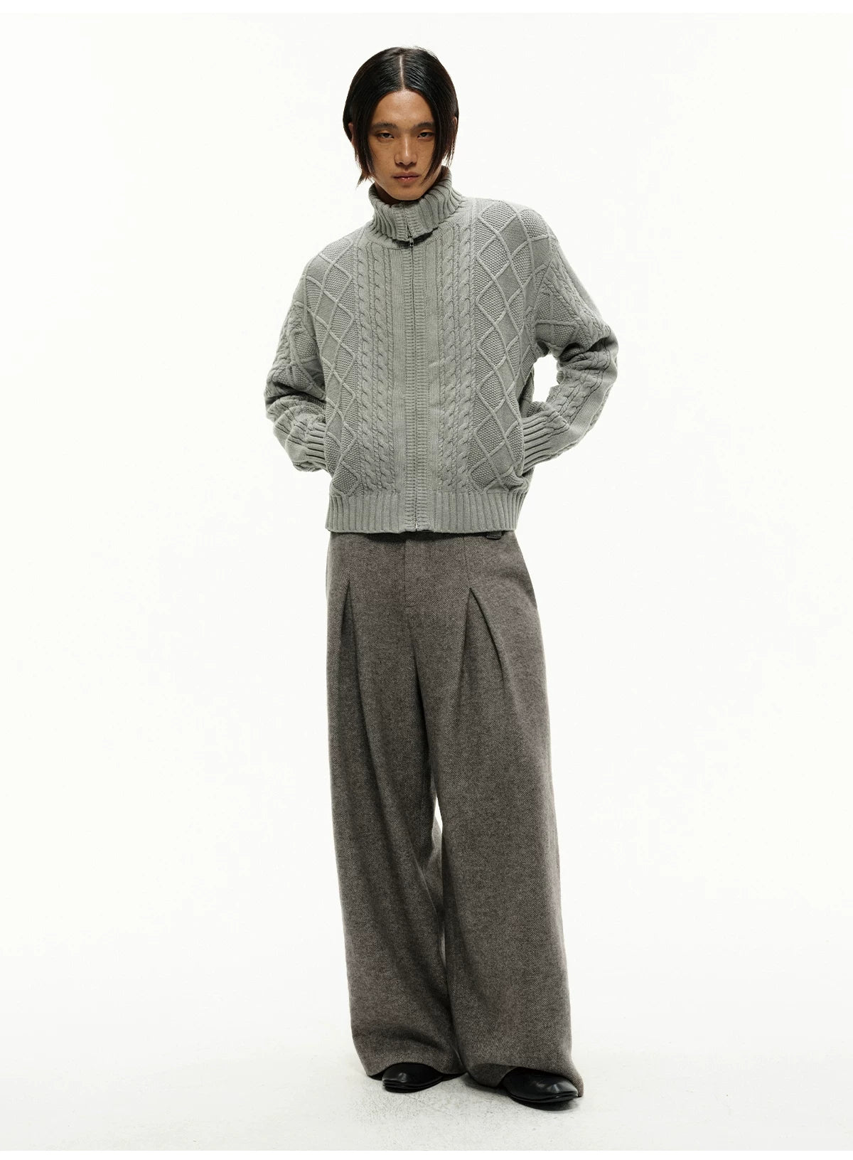 Pleated Wide Leg Wool Blend Pants