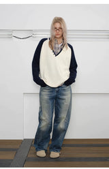 Men's Loose Colorblock V-neck Wool Sweater