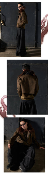 Y2K Fur Collar Cropped Leather Jacket