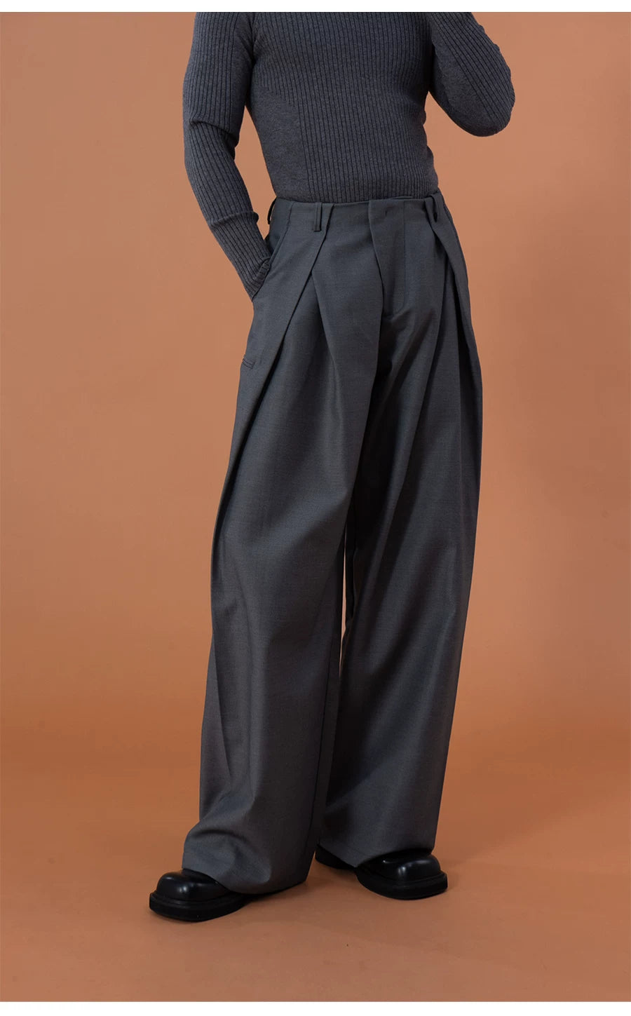 Charcoal Pleated Wide Leg Casual Pants
