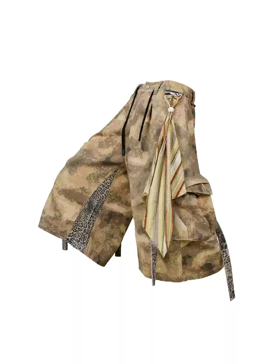 Camouflage Leopard Patchwork Scarf Cargo Shorts