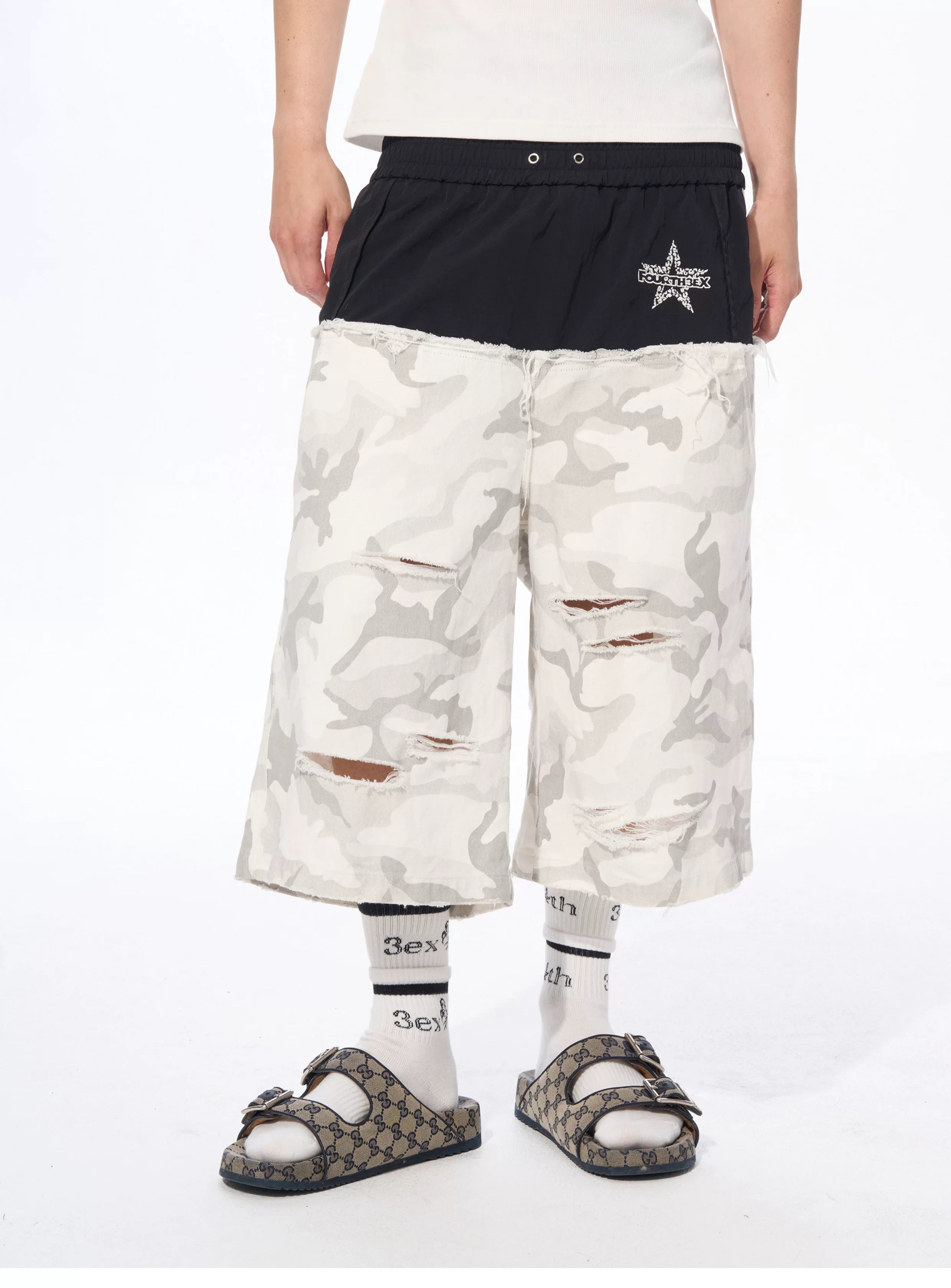 Men's Patchwork Ripped White Camo Pants
