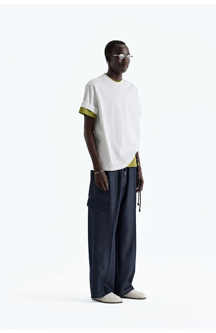 Indigo Denim-Style Drawstring Waist Cargo Pants