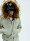 Washed Detachable Fur Zip Hoodie