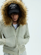 Washed Detachable Fur Zip Hoodie