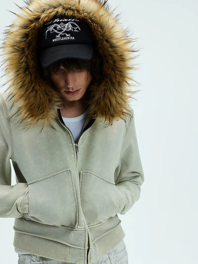 Washed Detachable Fur Zip Hoodie
