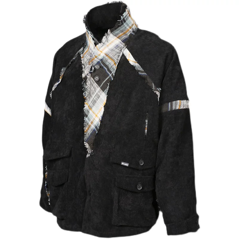 Corduroy Patchwork Distressed Cape Coat