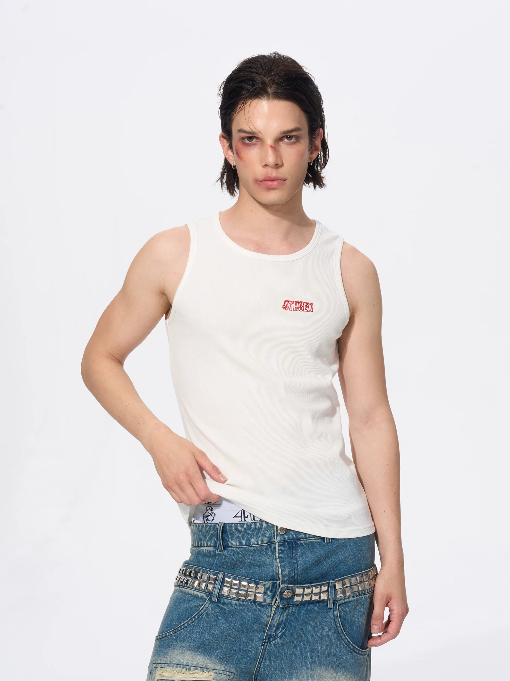 White Cotton Letter Print Sleeveless Tank Top