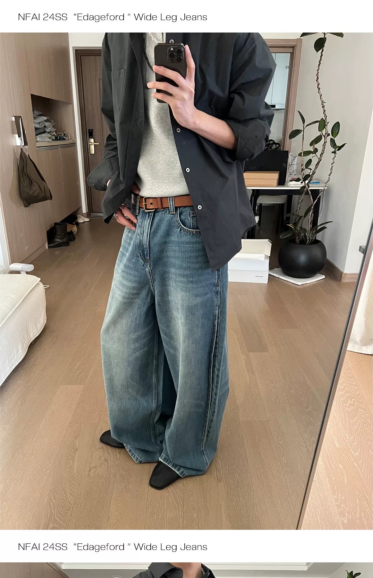 Wide Leg Cuffed Washed Jeans