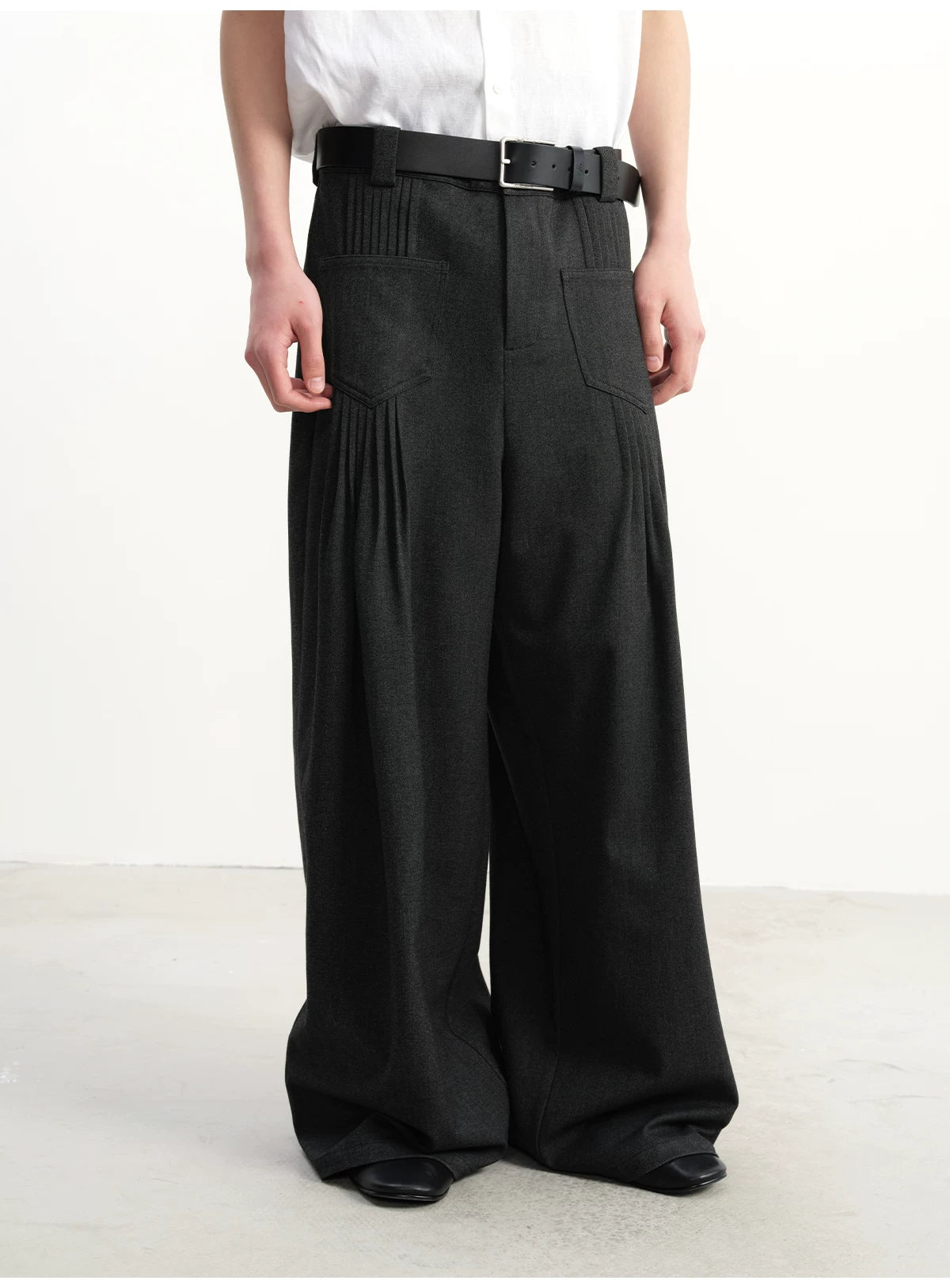 Pleated Twill Wide Leg Casual Pants
