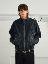 Men's Washed Denim Stand Collar Jacket