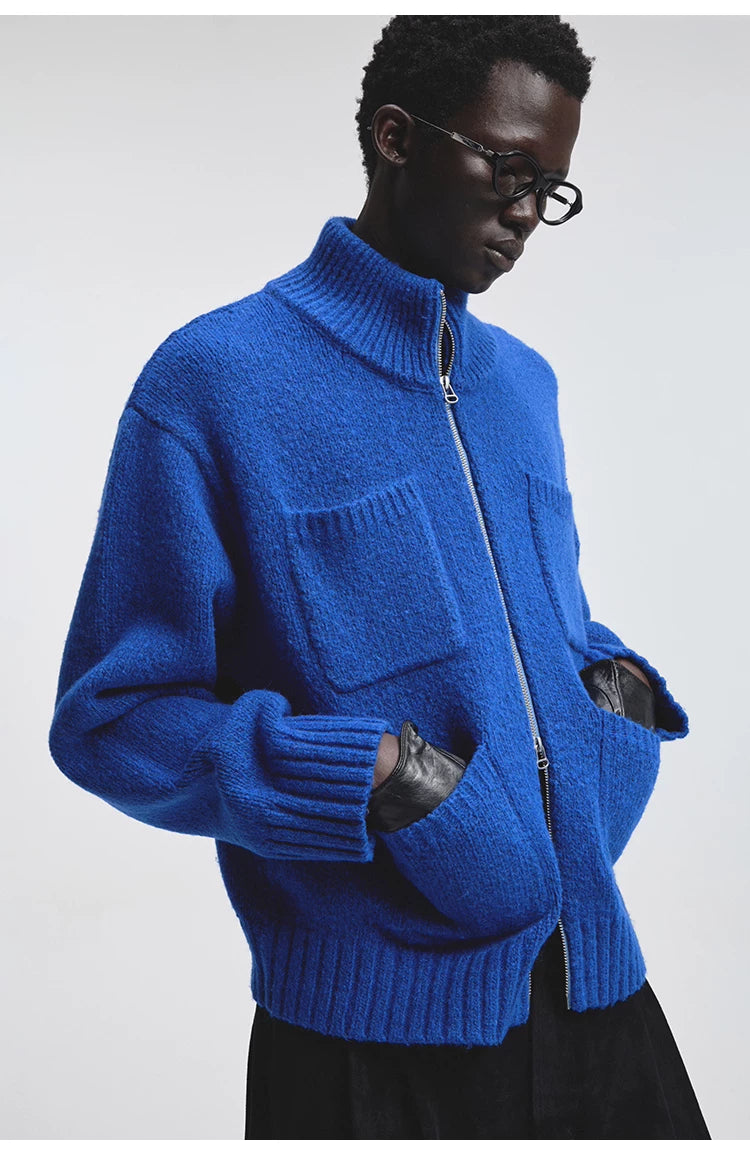 Alpaca Blend Multi-Pocket Zip Turtleneck Cardigan