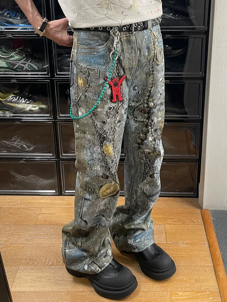 Relaxed Distressed Chain Digital Print Jeans