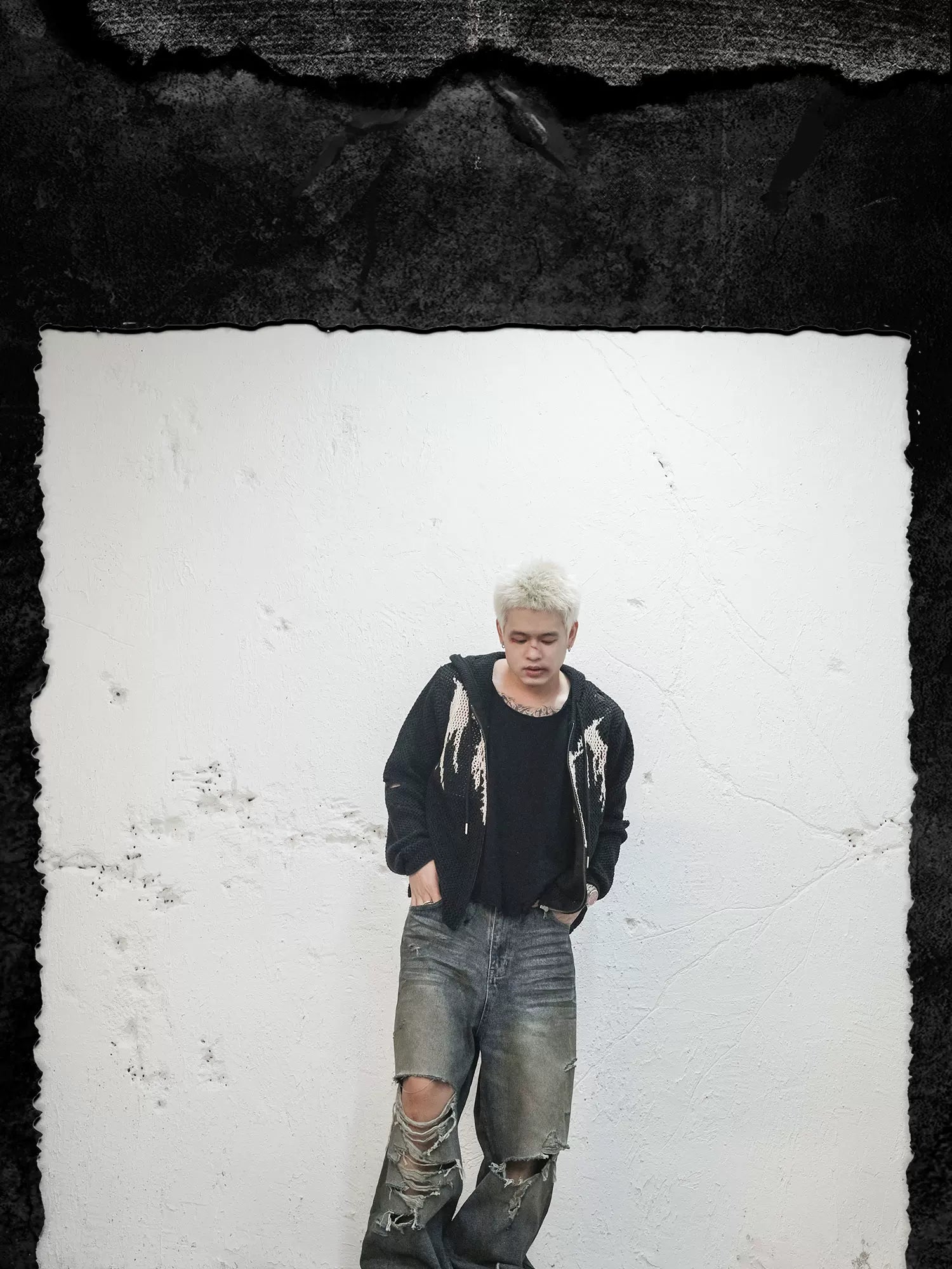 Devil Bone Jacquard Distressed Zip Cardigan