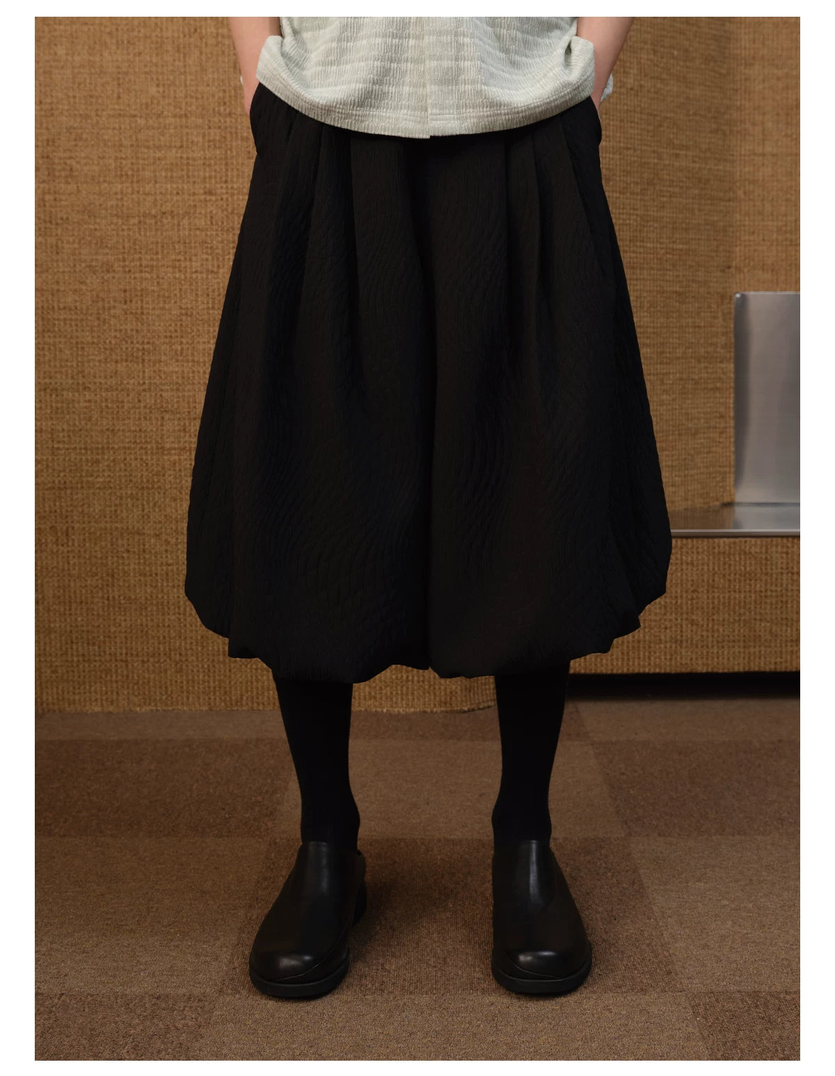 Black Pleated Leaf Jacquard Cropped Skort