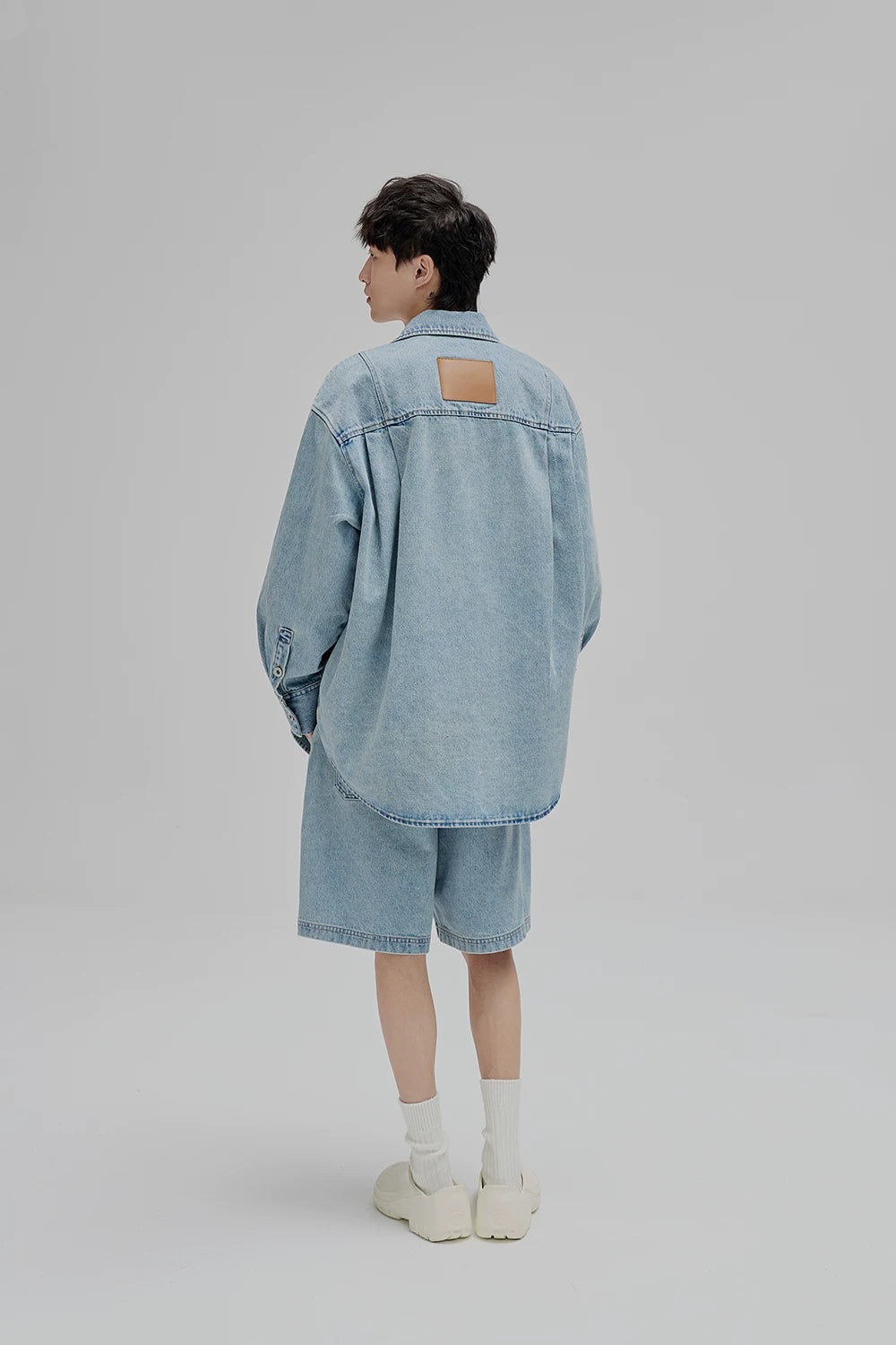 14Oz Washed Denim Asymmetric-Pocket Shirt Jacket