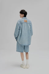 14Oz Washed Denim Asymmetric-Pocket Shirt Jacket