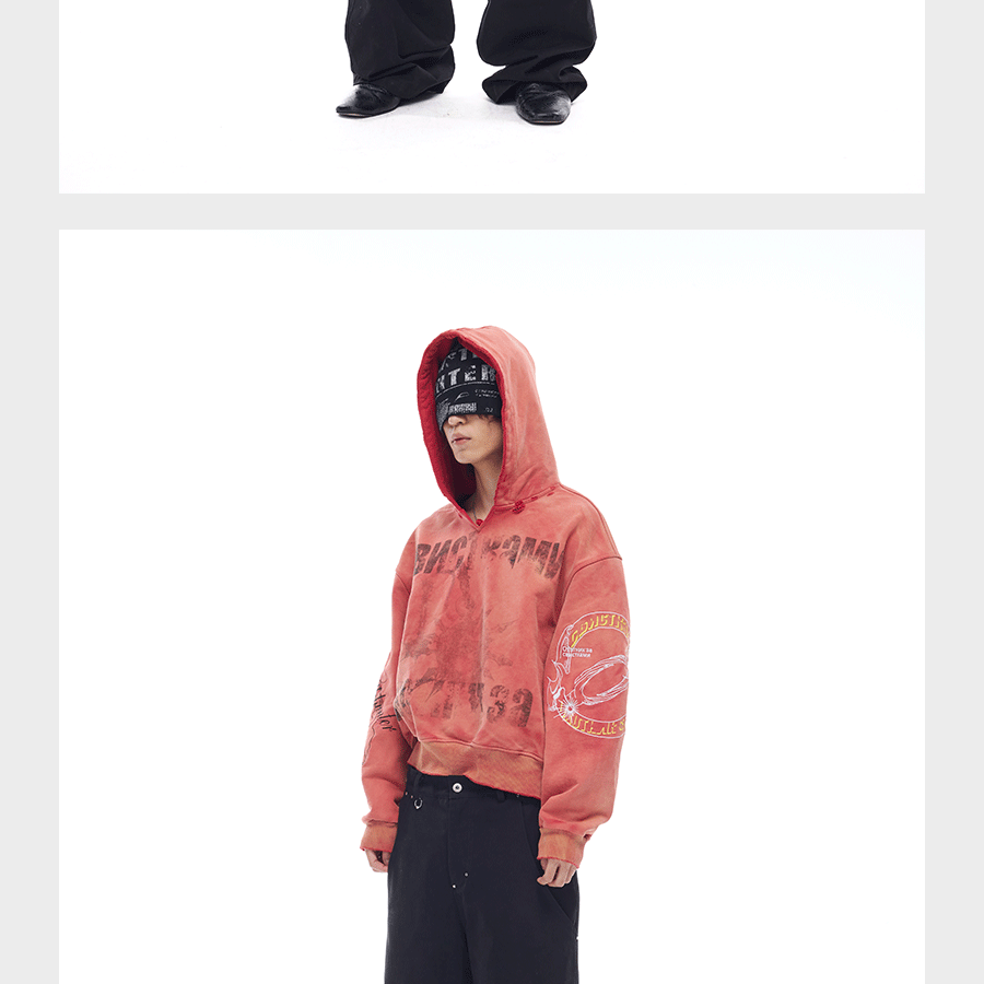 Tri-color Washed Distressed Embroidered V-neck Hoodie