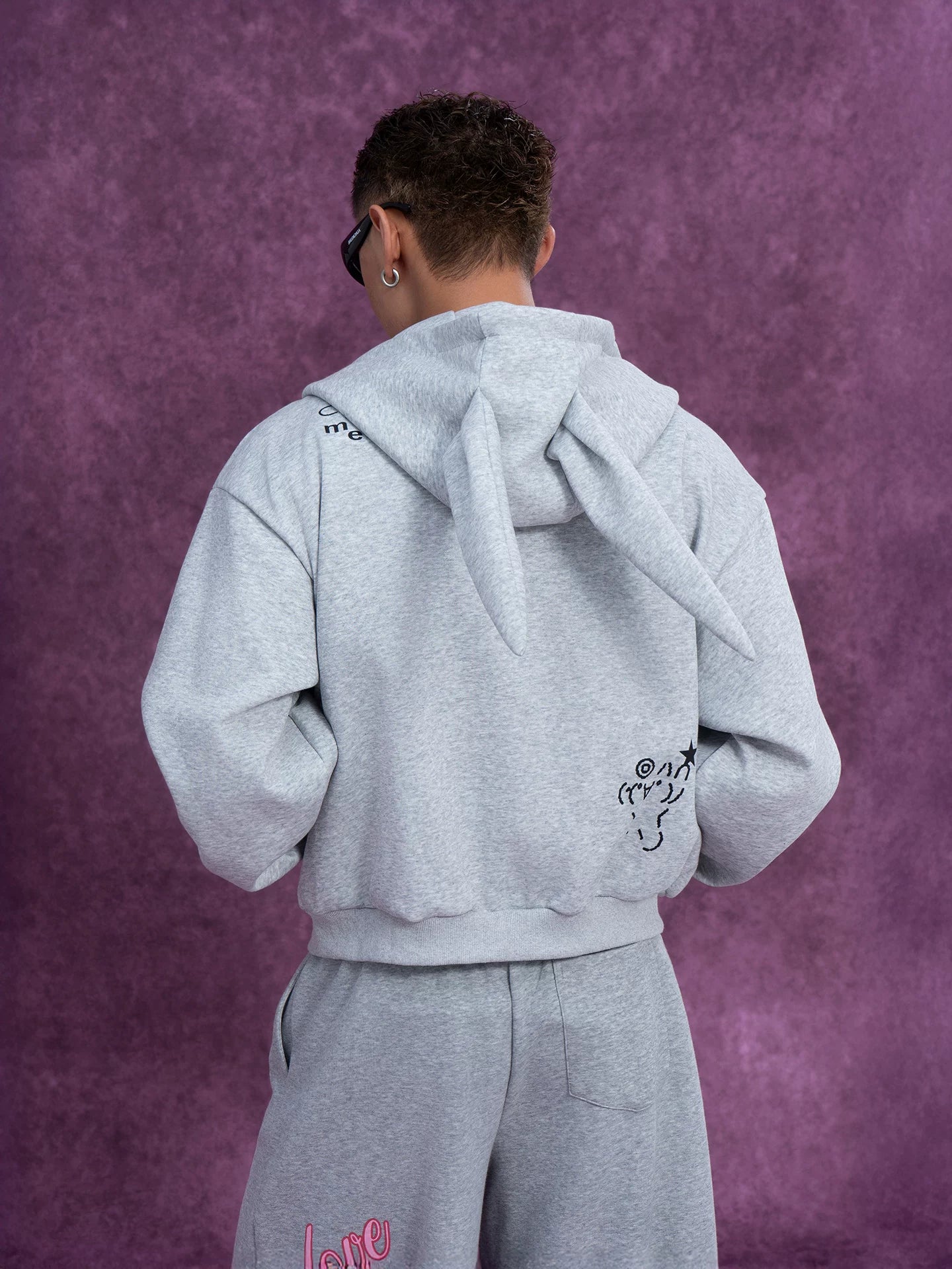 Men's Gray Bunny Ears Printed Hoodie