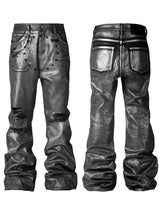 Distressed Silver Coated Embroidered Flared Jeans