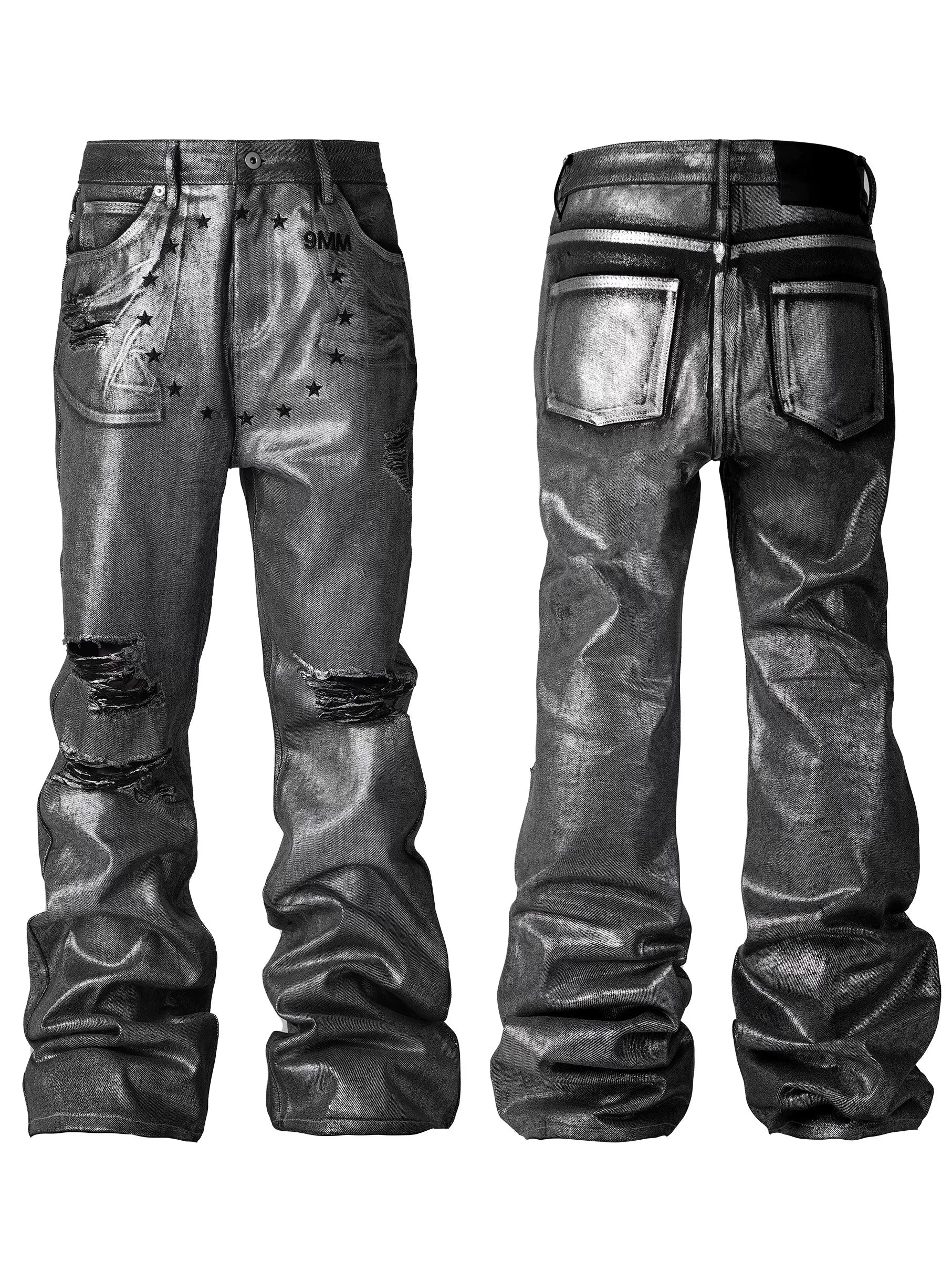 Distressed Silver Coated Embroidered Flared Jeans