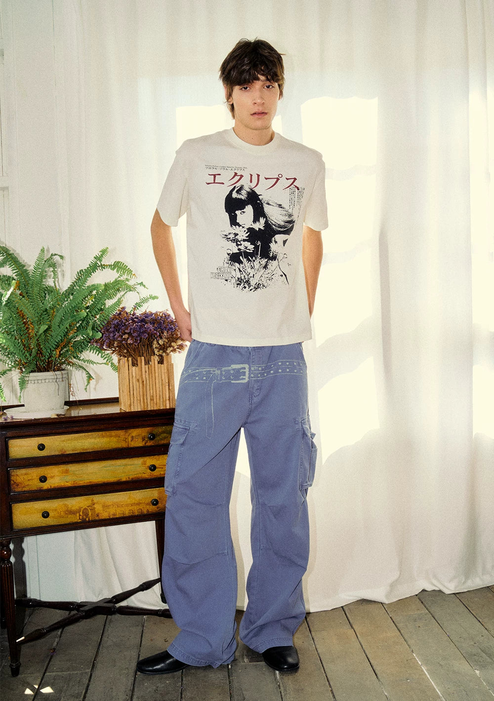 Washed Printed French Blue Cargo Pants