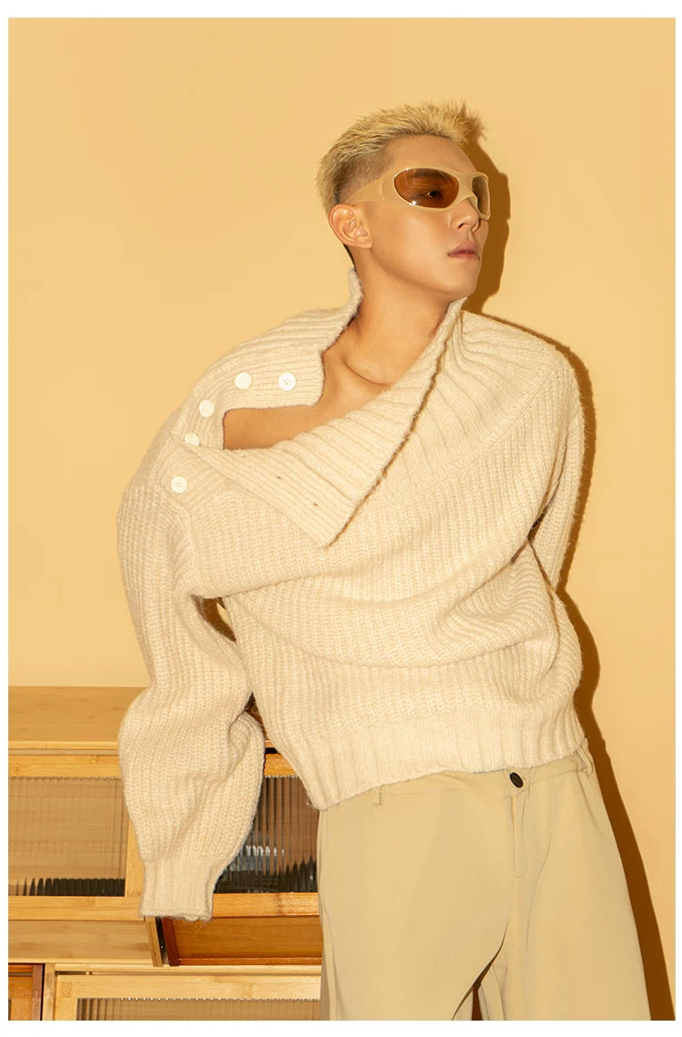 Men's Apricot Wool Side-buttoned Turtleneck Sweater