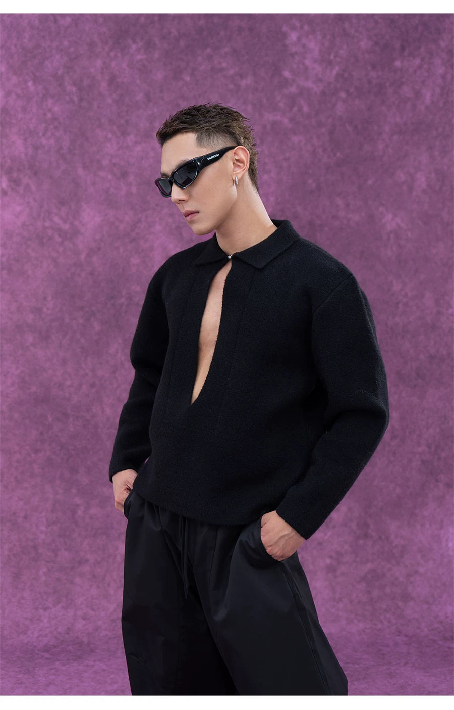 Long Charcoal V Neck Wool Sweater