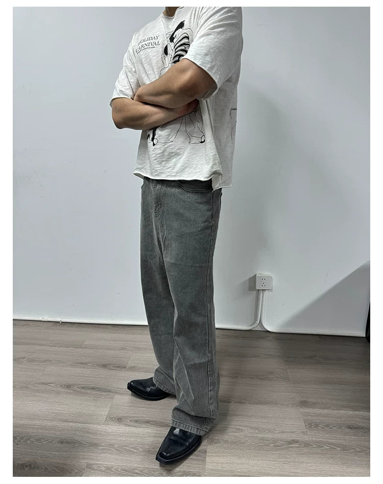Tri-color Washed Straight Loose Jeans