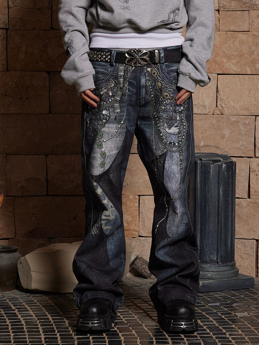 Digital Print Chain Lace Flared Pants