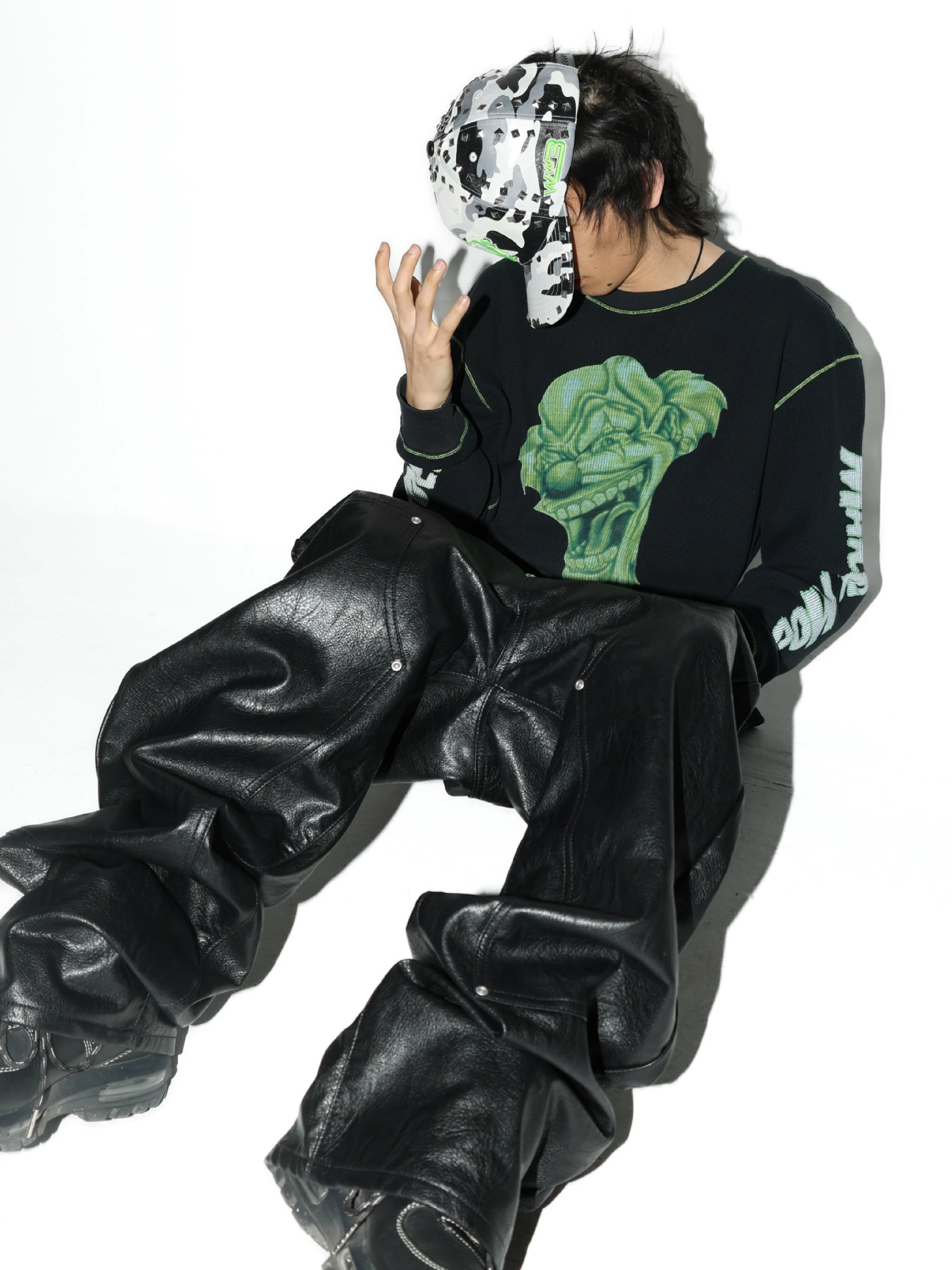 Black Green Printed Waffle Long-Sleeve Tee