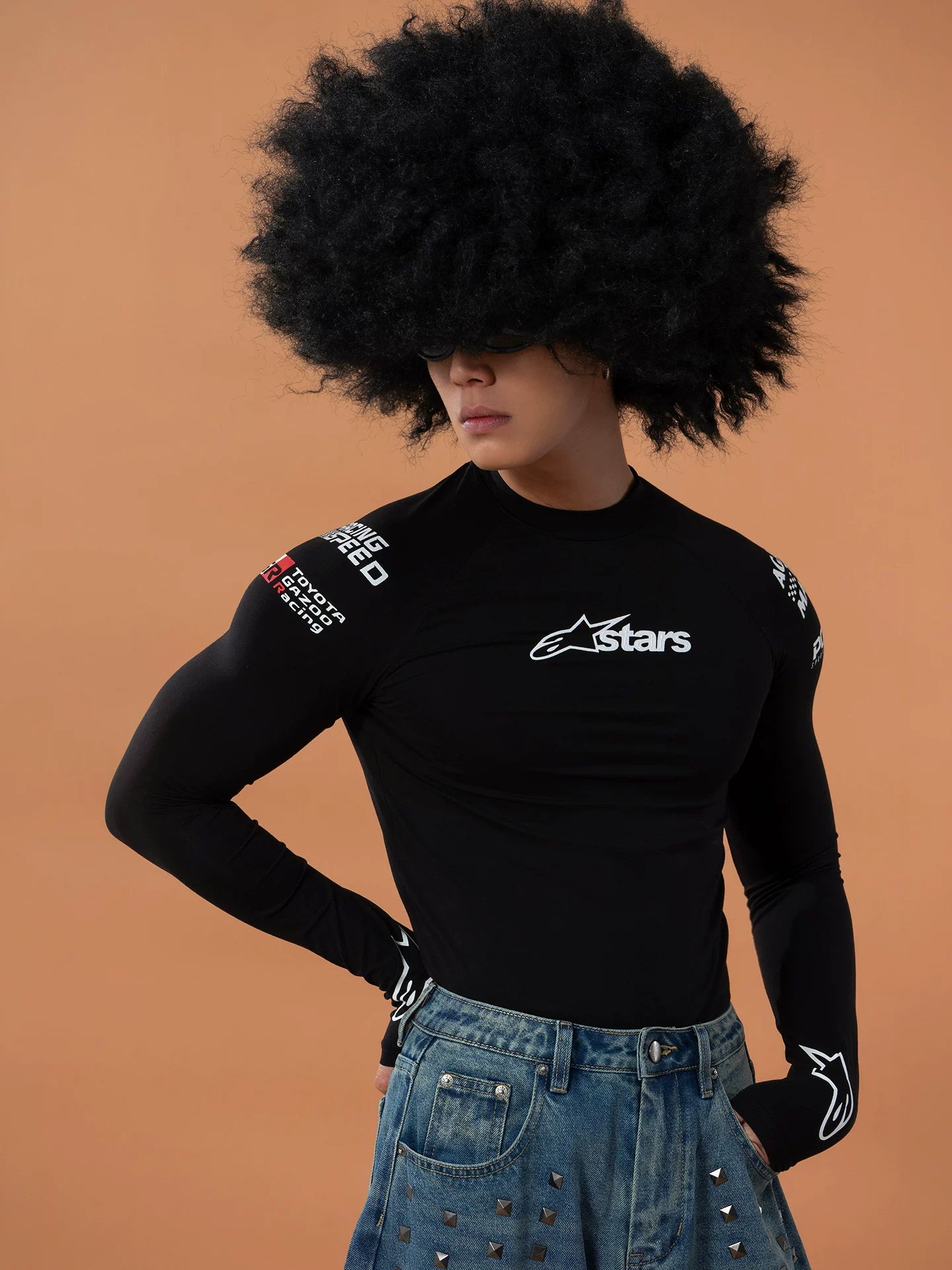 Men's Black Racing Print Long-sleeved Tee