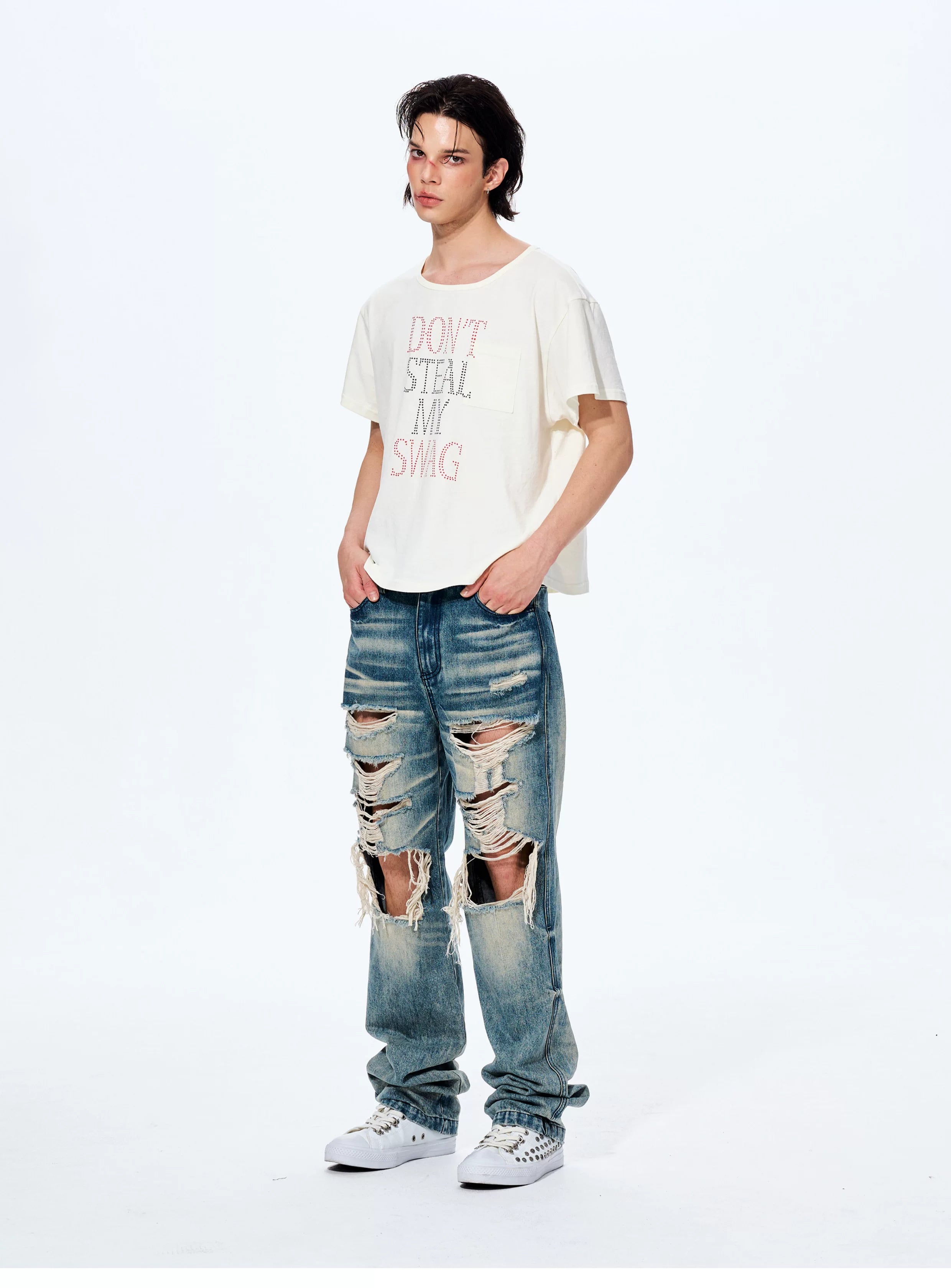 Men's Distressed Washed Straight Leg Jeans