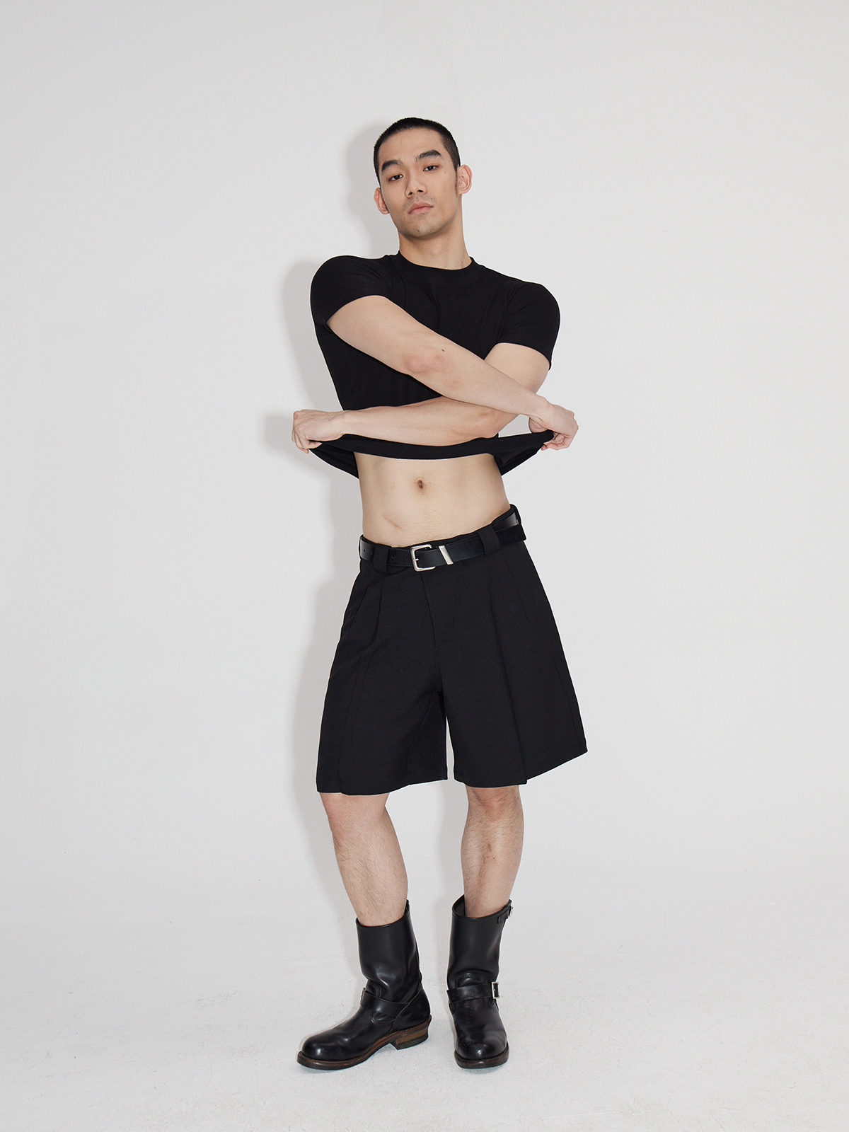 Asymmetric Placket Wool Feel Bermuda Shorts