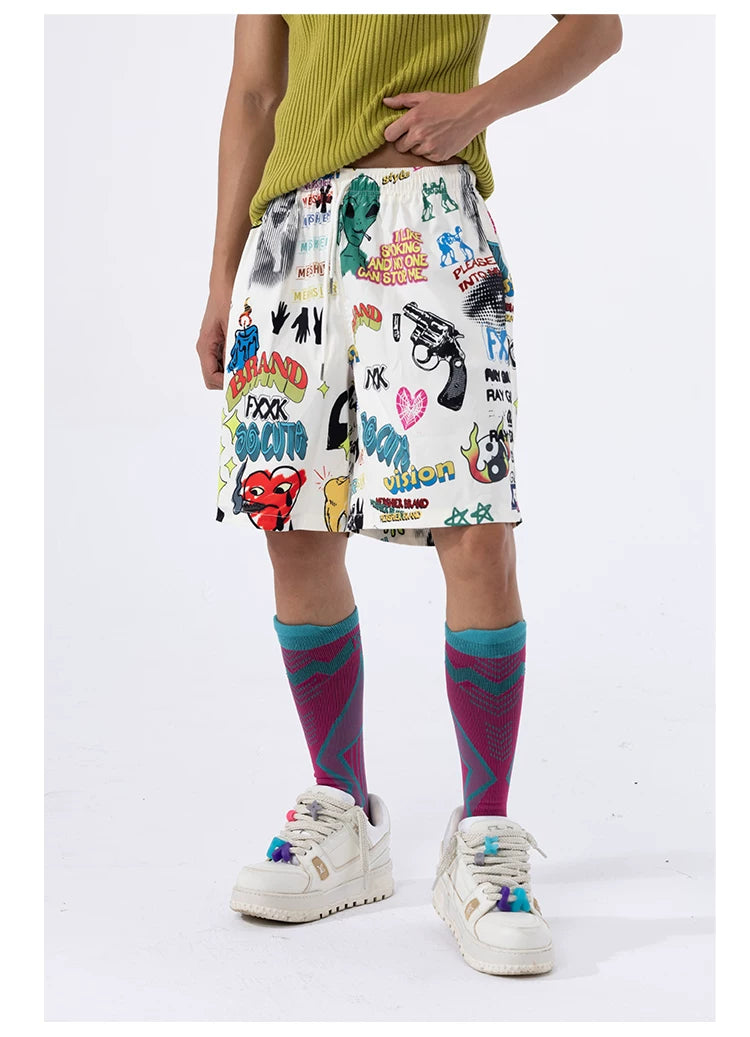 Men's Loose Drawstring Graffiti Beach Shorts