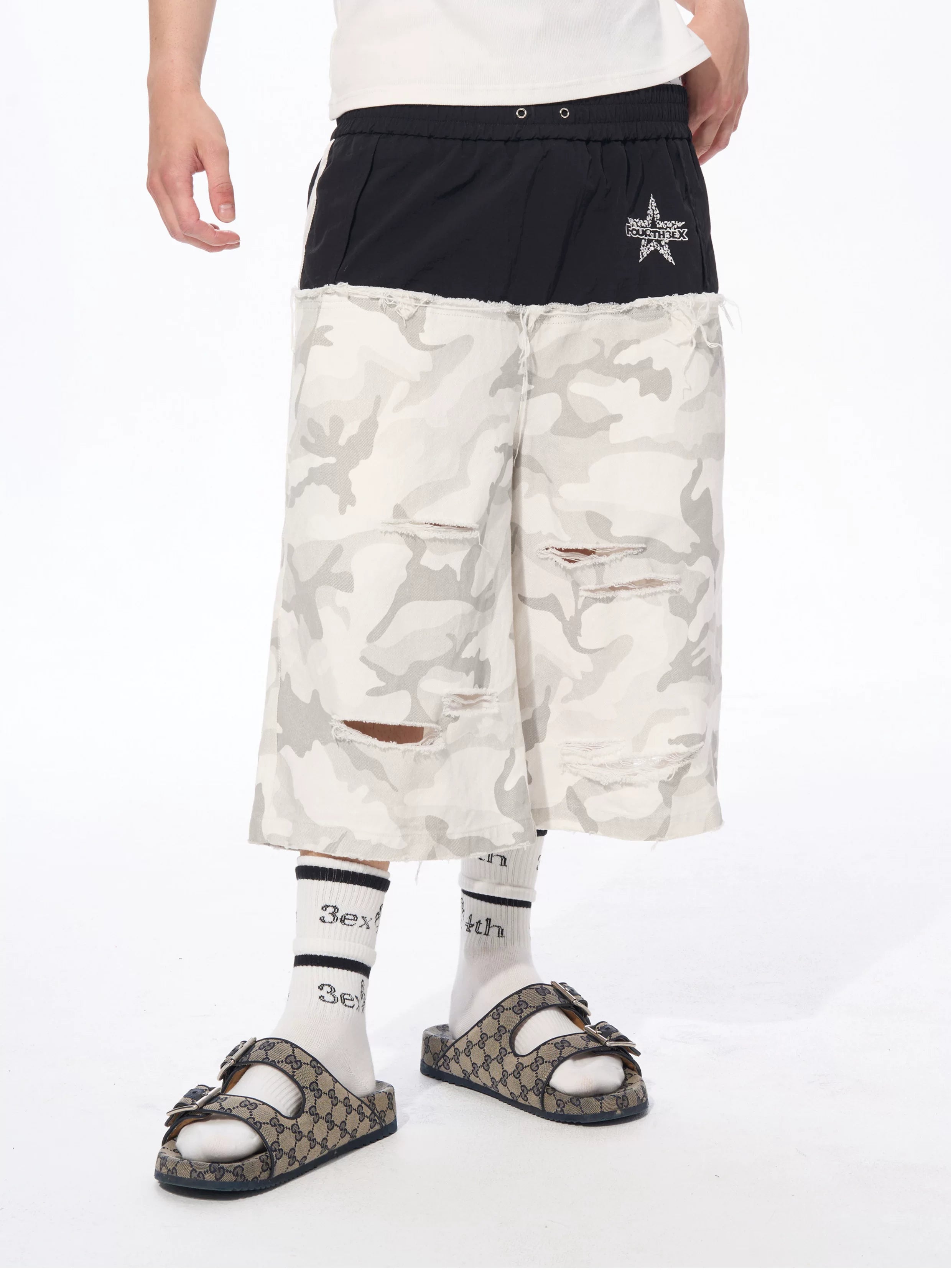 Men's Patchwork Ripped White Camo Pants
