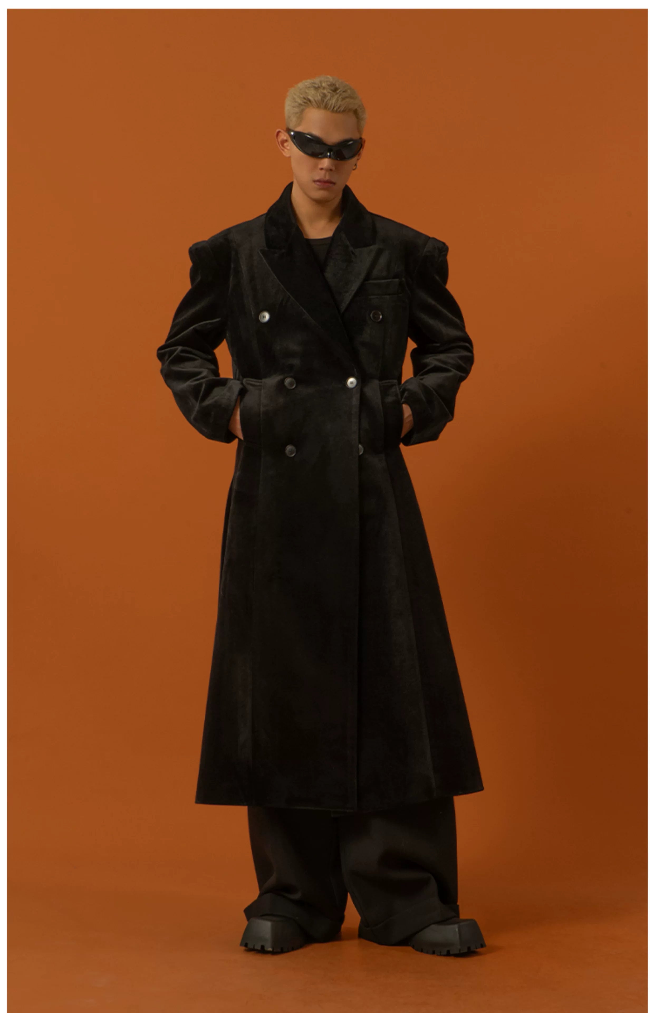 Men's Long Black Velvet Wool Coat