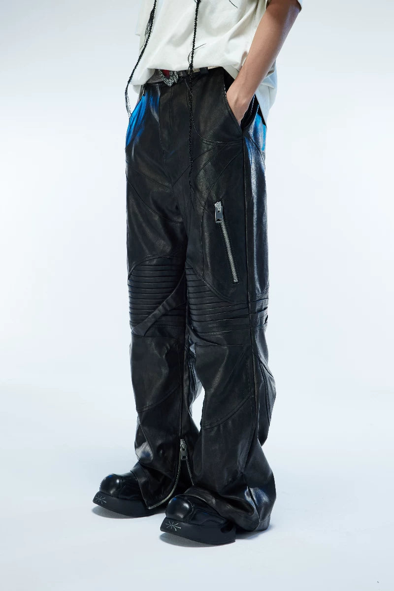 Men's Two-Tone Distressed Straight Leather Pants