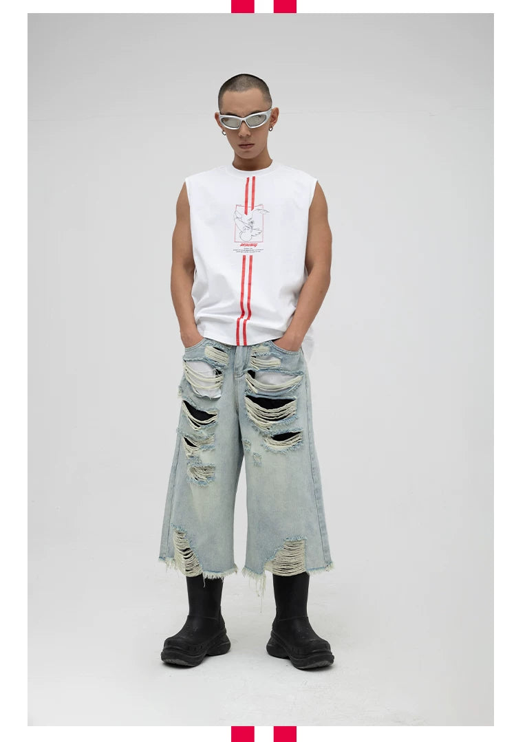 Men's White Loose Hand-Printed Tank Tops