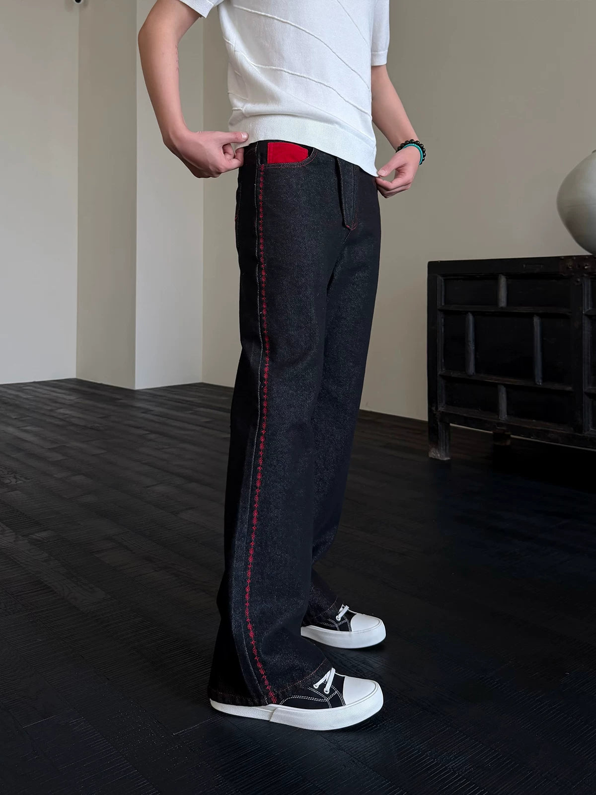 Men's Embroidered Flared Raw Denim Jeans