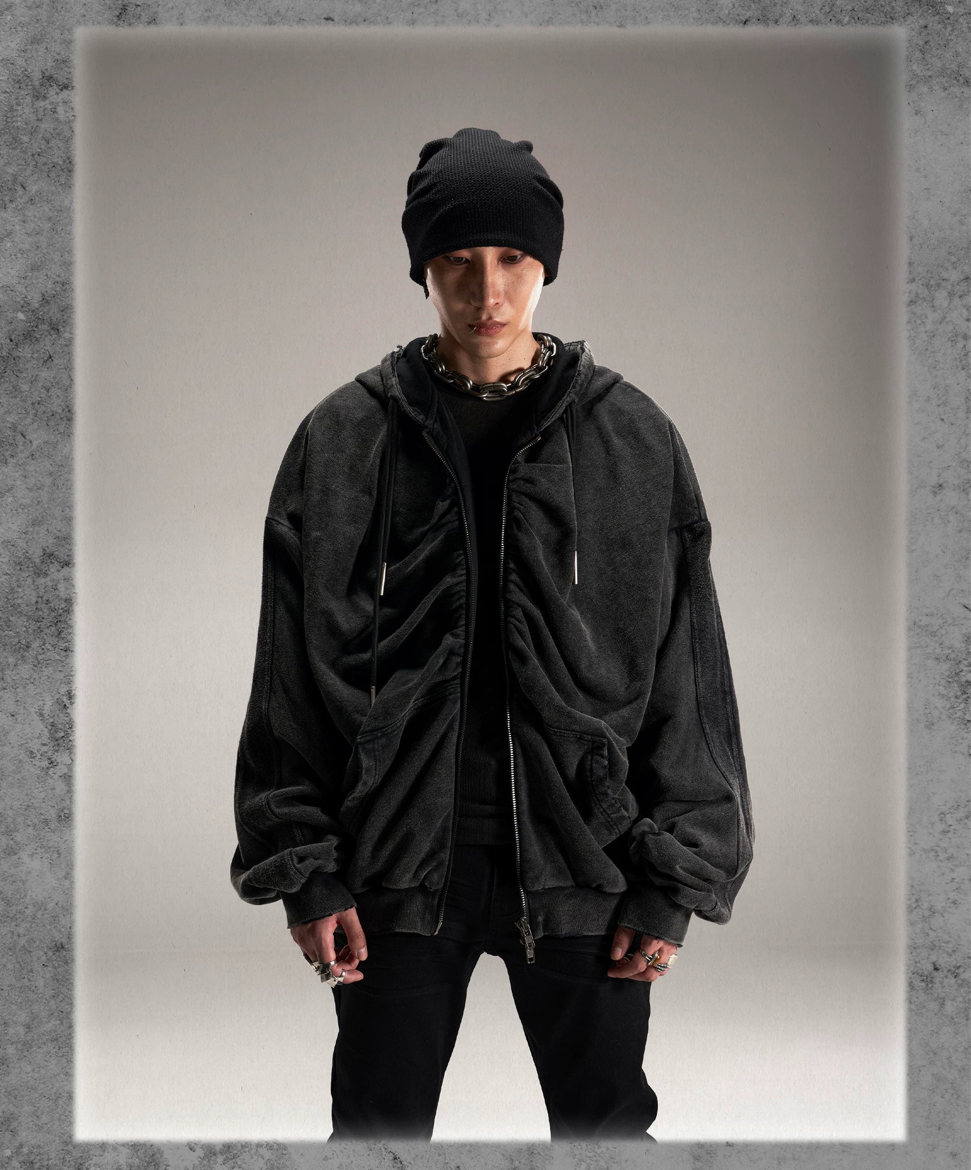 Black Loose Patchwork Zip Hoodie